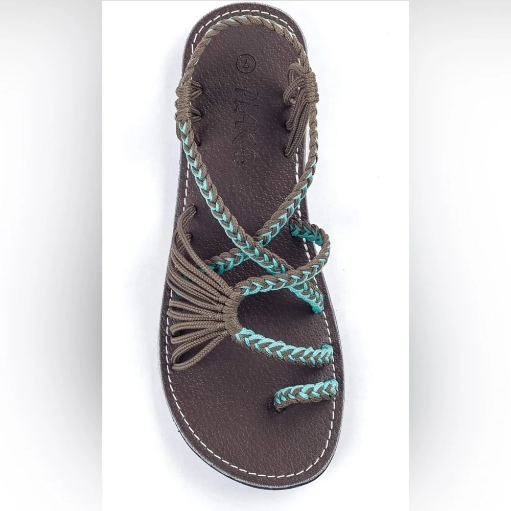 NEW Plaka Flat Sandals for Women Palm Leaf Turquoise Gray 9